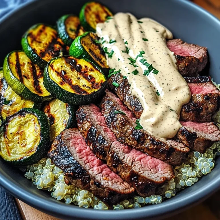 Grilled Steak Bowl with Creamy Sauce & Grilled Zucchini