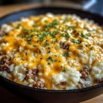Garlic Butter Beef and Rice Skillet with Cheddar Parmesan Sauce
