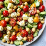 Caprese Chickpea Salad with Roasted Garlic Basil Dressing